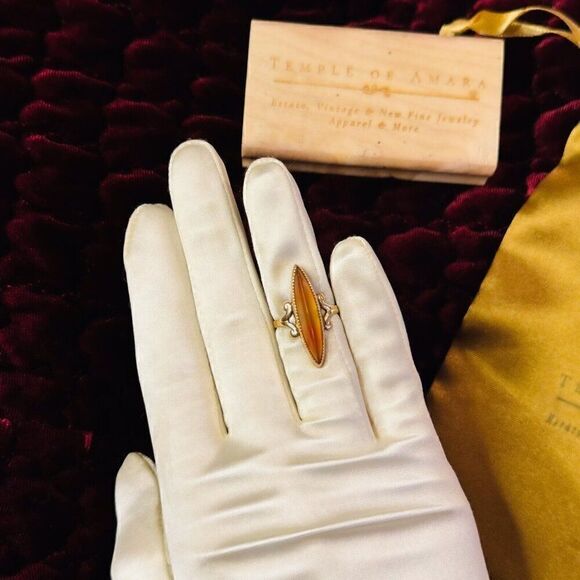 Antique 10k Gold Banded Agate Ring Sz 4.25 c1900 Victorian Navette Ring 2.7g - Picture 16 of 16